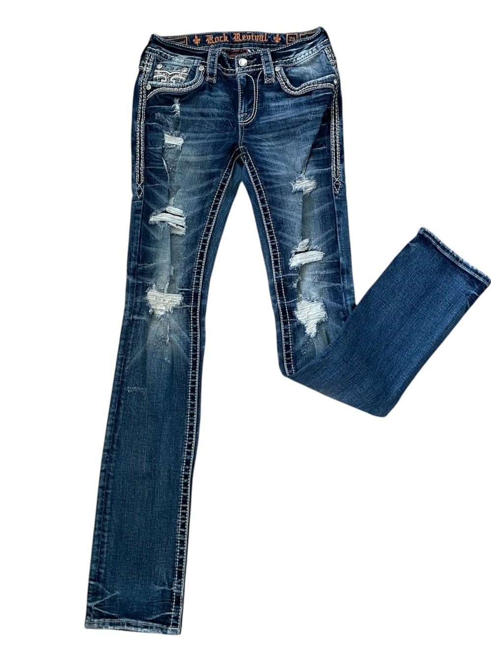 C35- Rosewood 26 Straight Rock Revival Women’s Distressed Blue Skinny Jeans